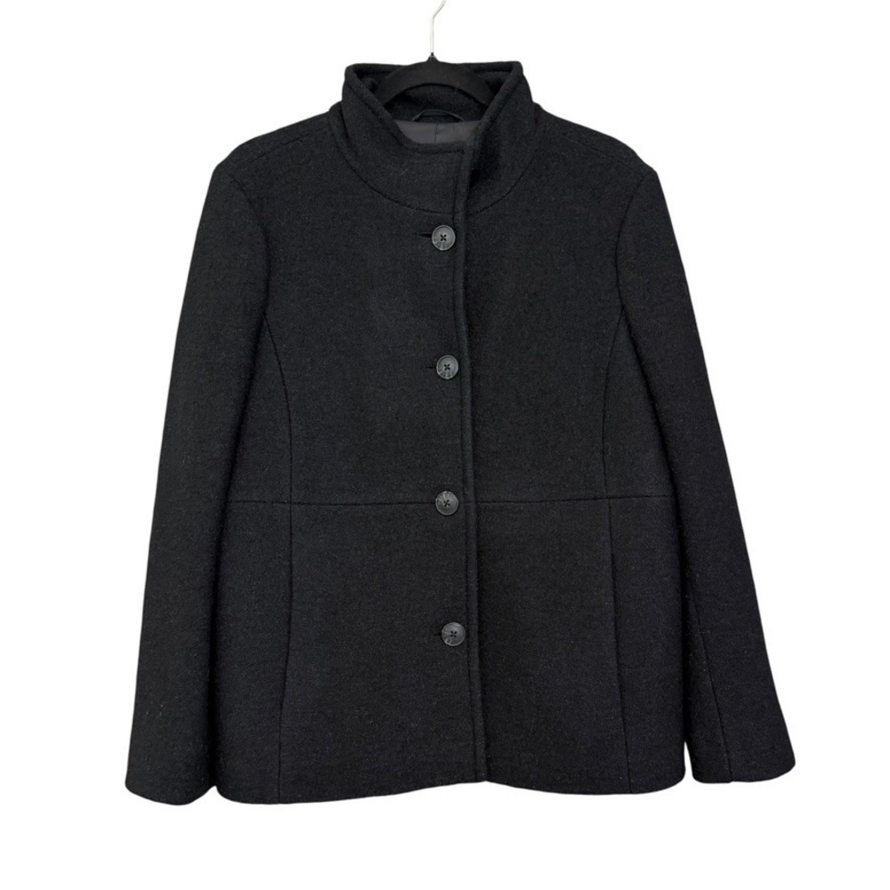 Lands End Womens Wool Blend Pea Coat 12 Petite Black Button Front Winter Jacket